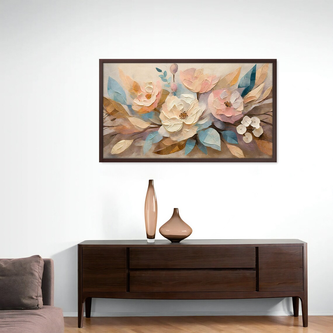 Blush Pink Roses Teal Leaves Impasto Earth Tone Floral Art Print - Image 4