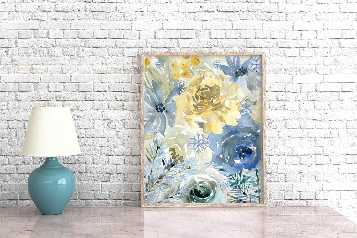 Frosty Blue Gold Winter Floral Collage Watercolor Snowflake Poster - Image 7