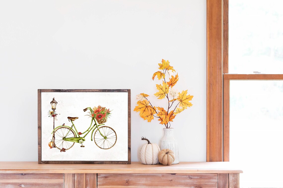 Vintage Green Bicycle Fall Flower Basket Autumn Bike Art Print - Image 3