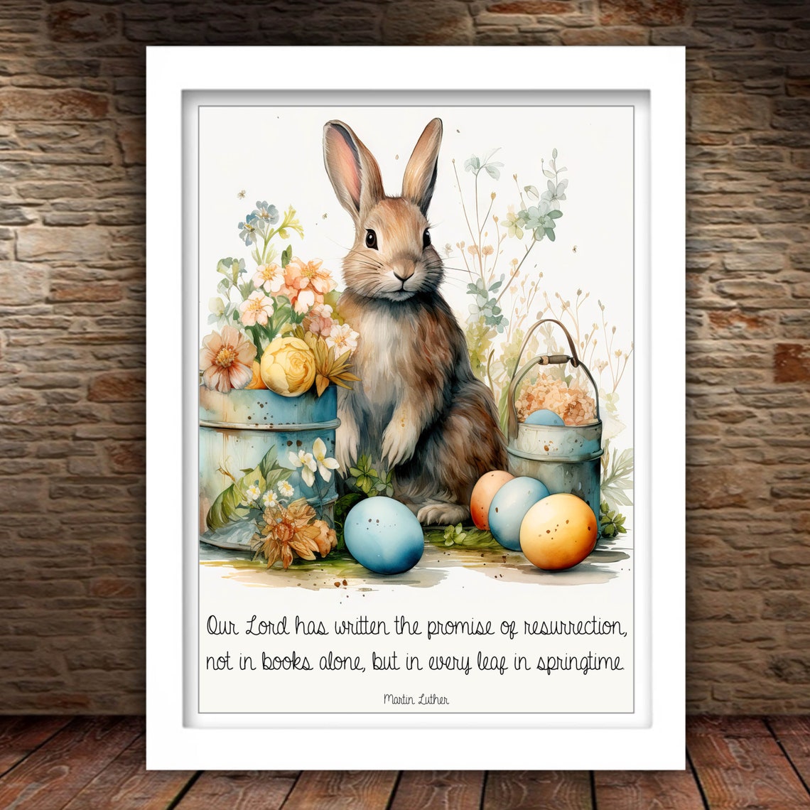 Easter Bunny With Painted Eggs Watercolor Spring Resurrection Poster - Image 2