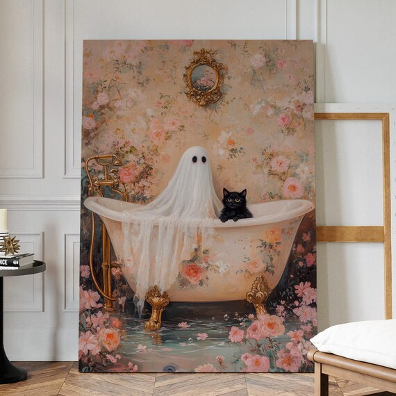 Ghost and Black Cat in Vintage Floral Clawfoot Bathtub Halloween Art Poster