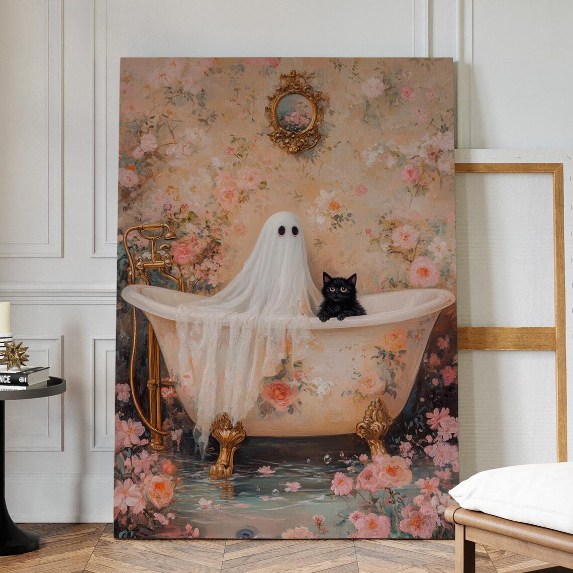 Ghost and Black Cat in Vintage Floral Clawfoot Bathtub Halloween Art Poster