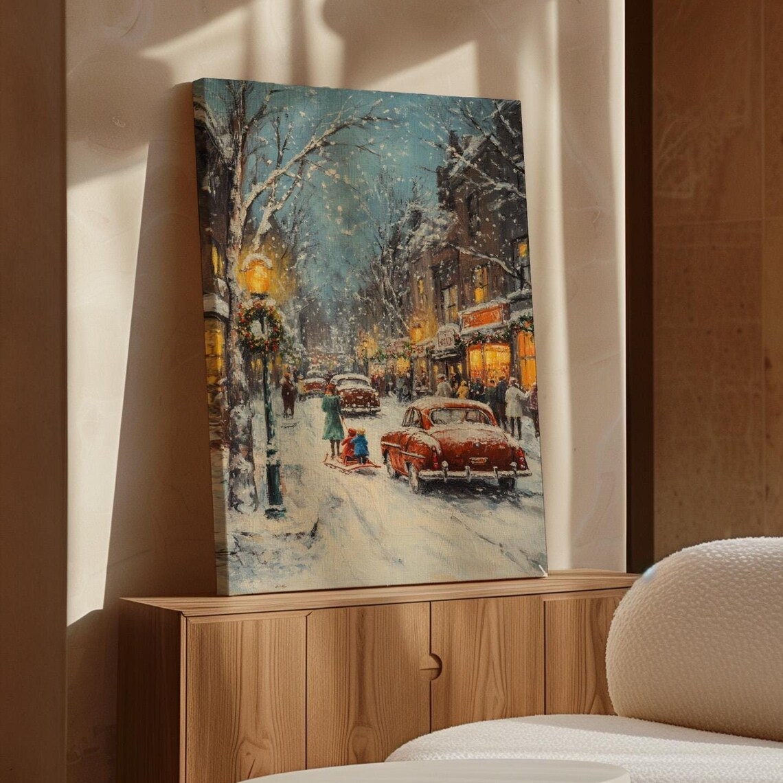 Vintage Winter Street Scene Snowy Christmas Retro Cars Holiday Poster