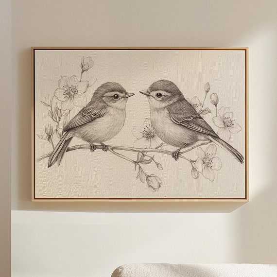Bird Sketch Pair With Flowers, Line Drawing Art Print