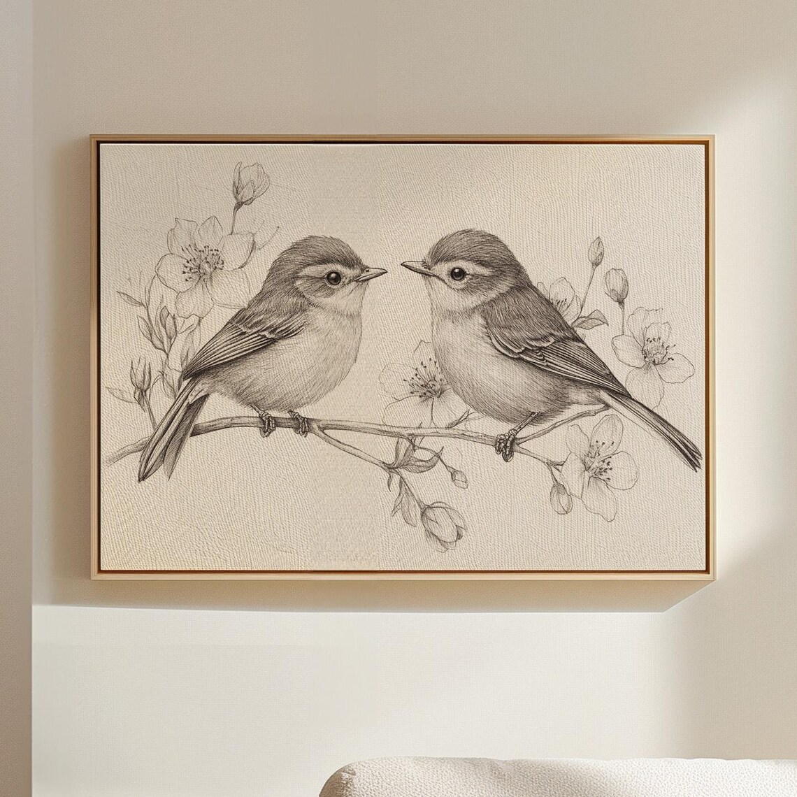 Bird Sketch Pair With Flowers, Line Drawing Art Print