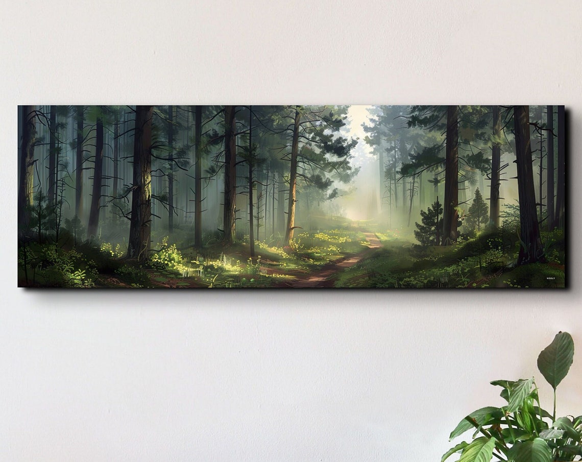Golden Sunlit Path Winding Through a Misty Green Forest Poster