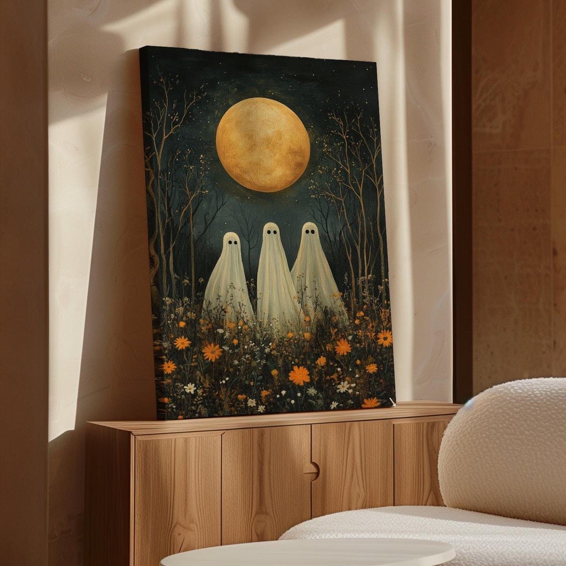 Three White Ghosts Under Full Golden Moon Wildflower Night Wall Art
