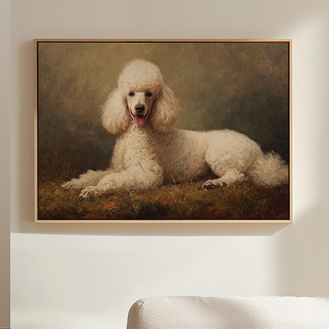 Smiling White Poodle Lying on Grass Elegant Dog Portrait Poster