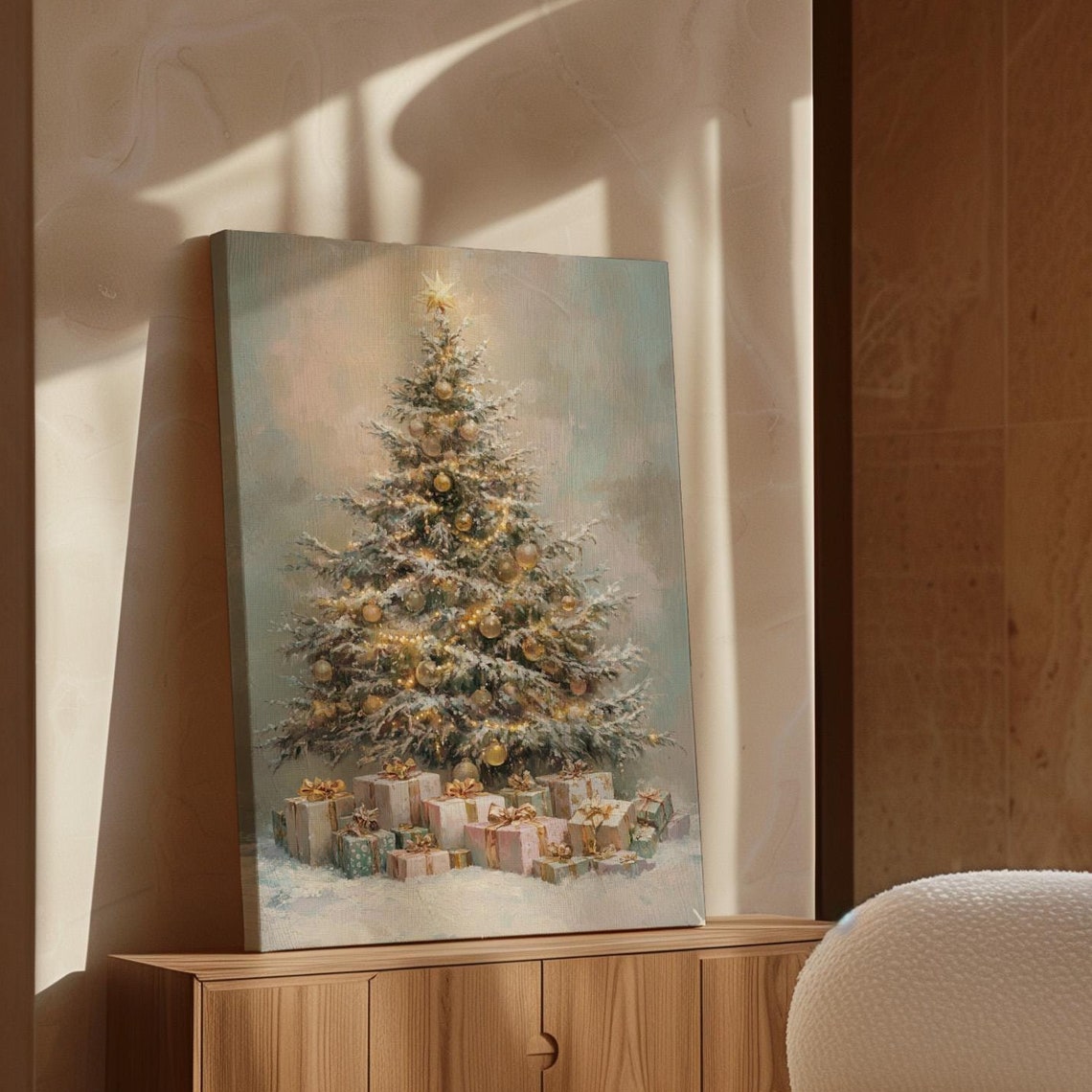 Elegant Christmas Tree with Gold Ornaments and Pretty Gifts Poster