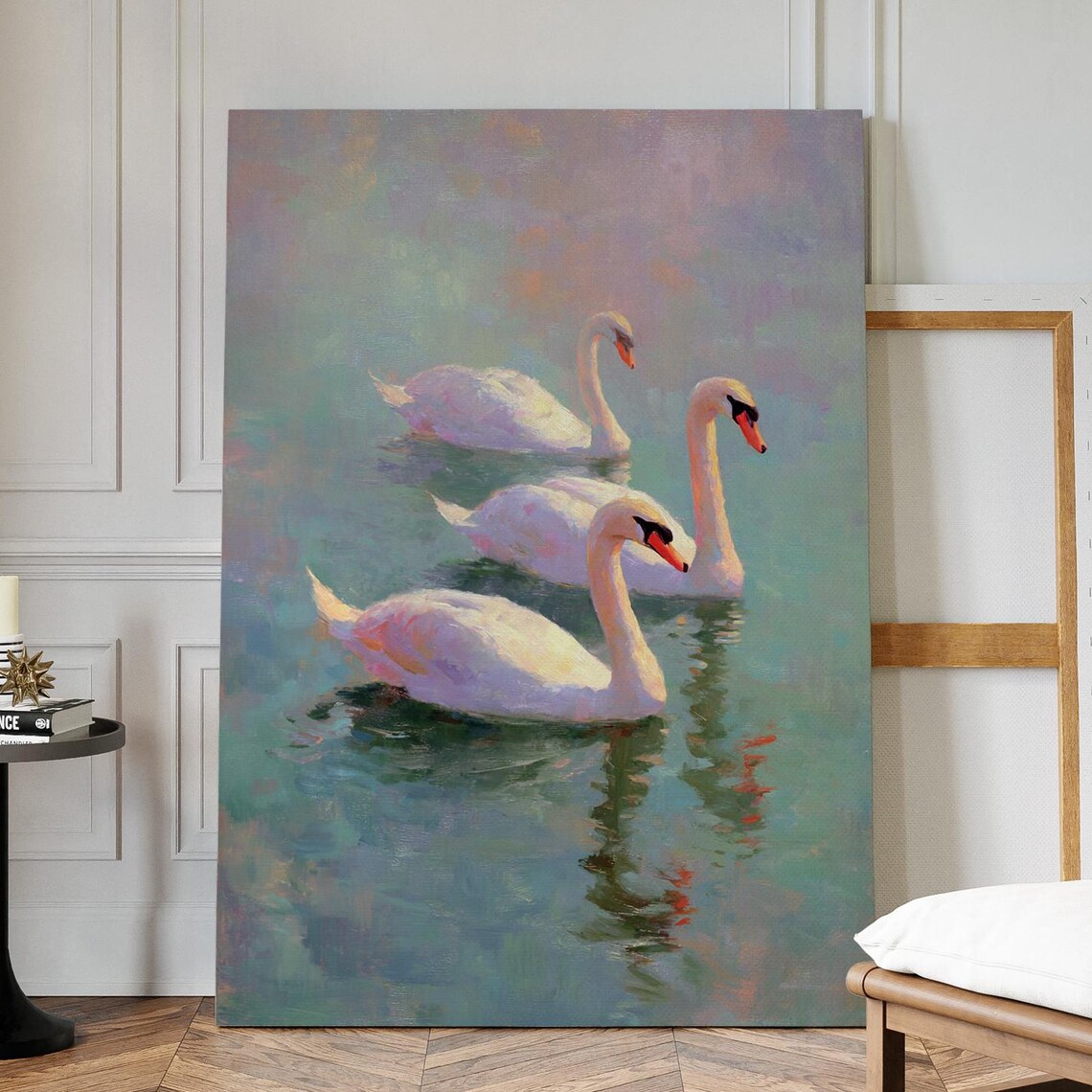 Elegant White Swans Swimming On A Serene Pastel Lake Wall Art