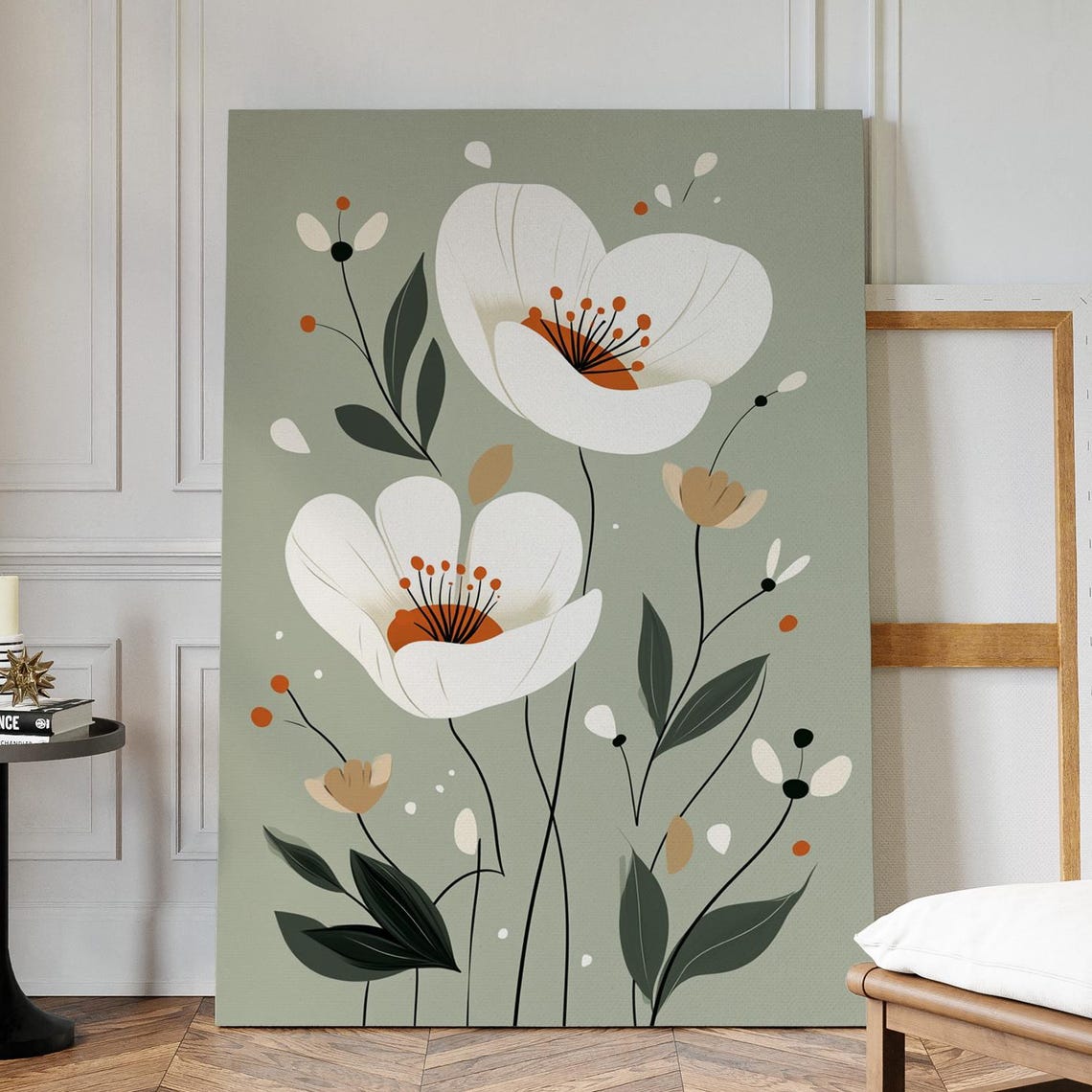 Minimalist White Floral On Sage Green Modern Botanical Style Poster