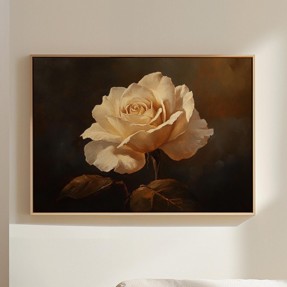 Elegant Ivory Rose Bloom on a Dark Background Vintage Botanical Poster