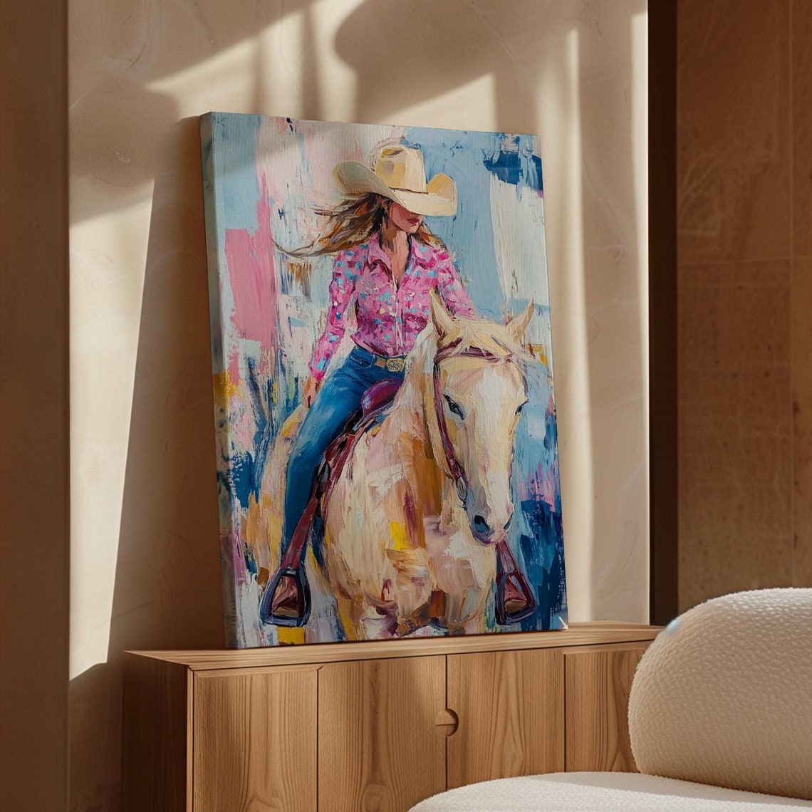 Western Cowgirl Art Vibrant Acrylic Painting Of Woman Riding Horse In Pink Shirt Rustic Country Decor For Western Lovers