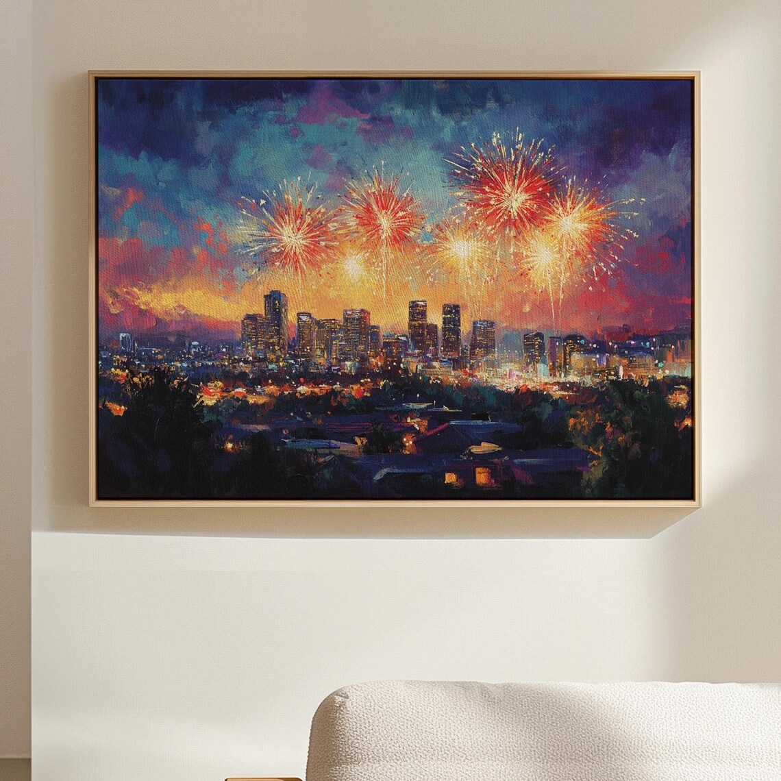 Fireworks Over Hilltop City Skyline Twilight Colorful Art Poster