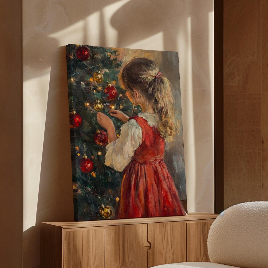 Little Girl in a Red Dress Decorating a Christmas Tree Vintage Poster