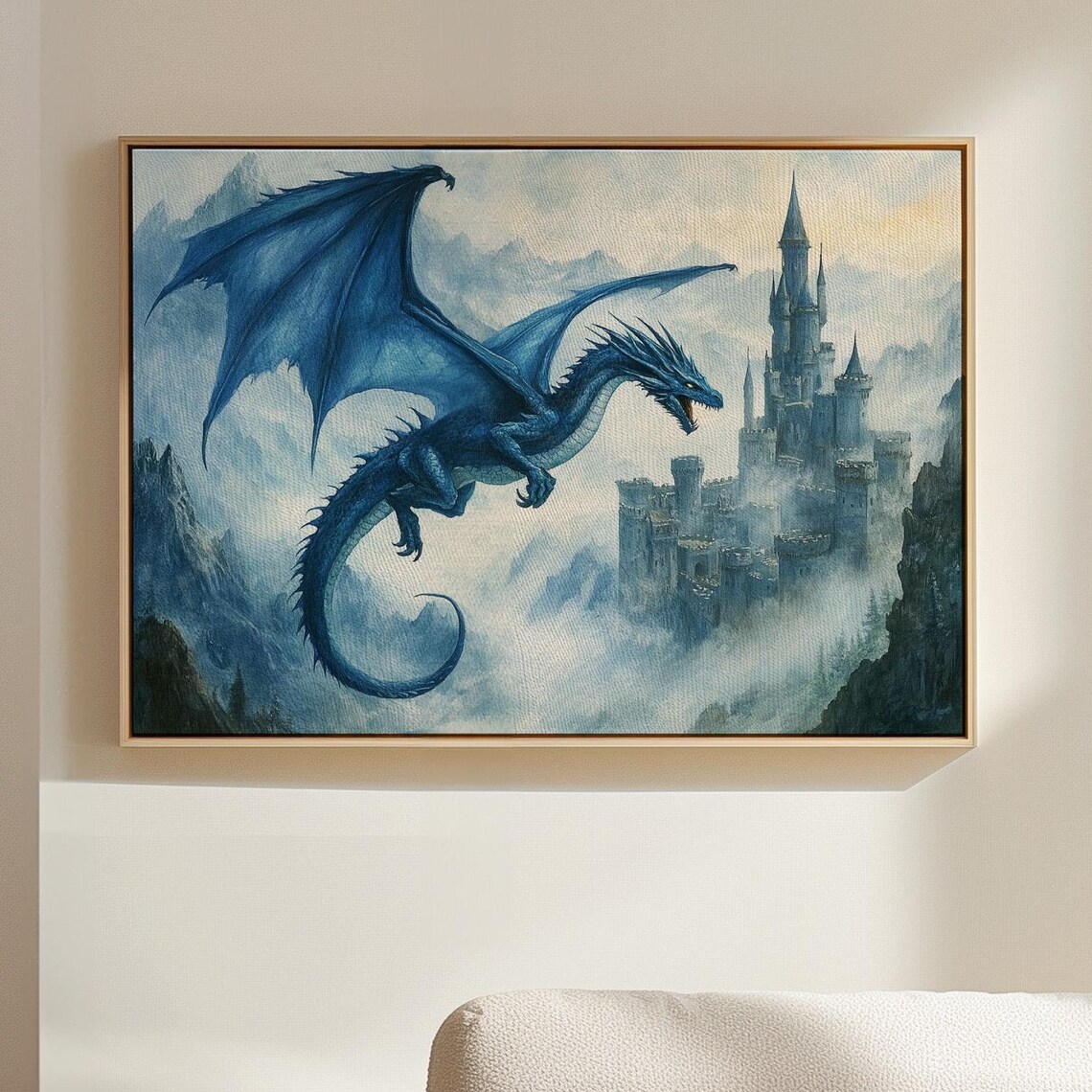 Epic Blue Dragon, Mystical Fantasy Castle Scene