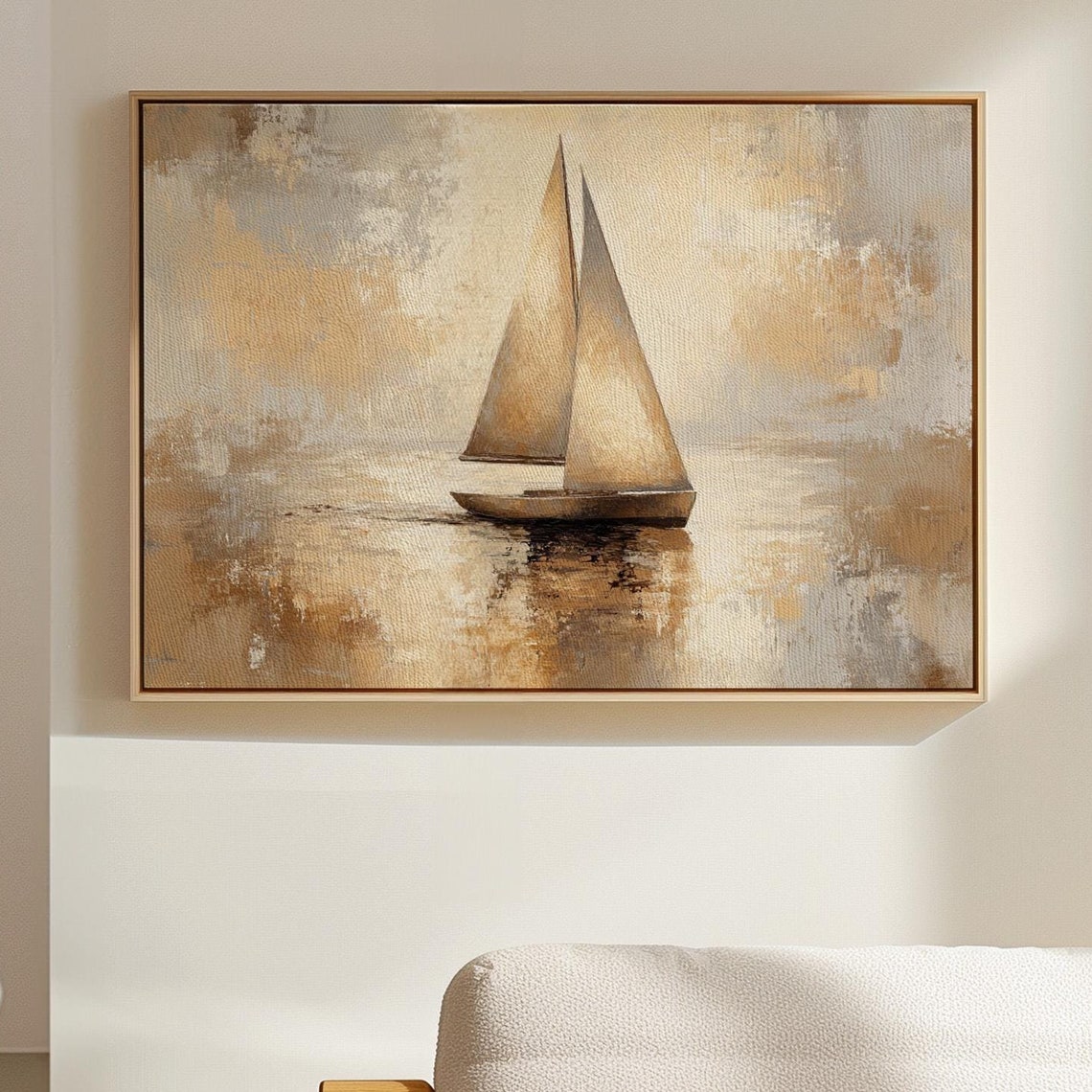 Abstract Sailboat With Beige Gold Sails On Calm Water Nautical Poster
