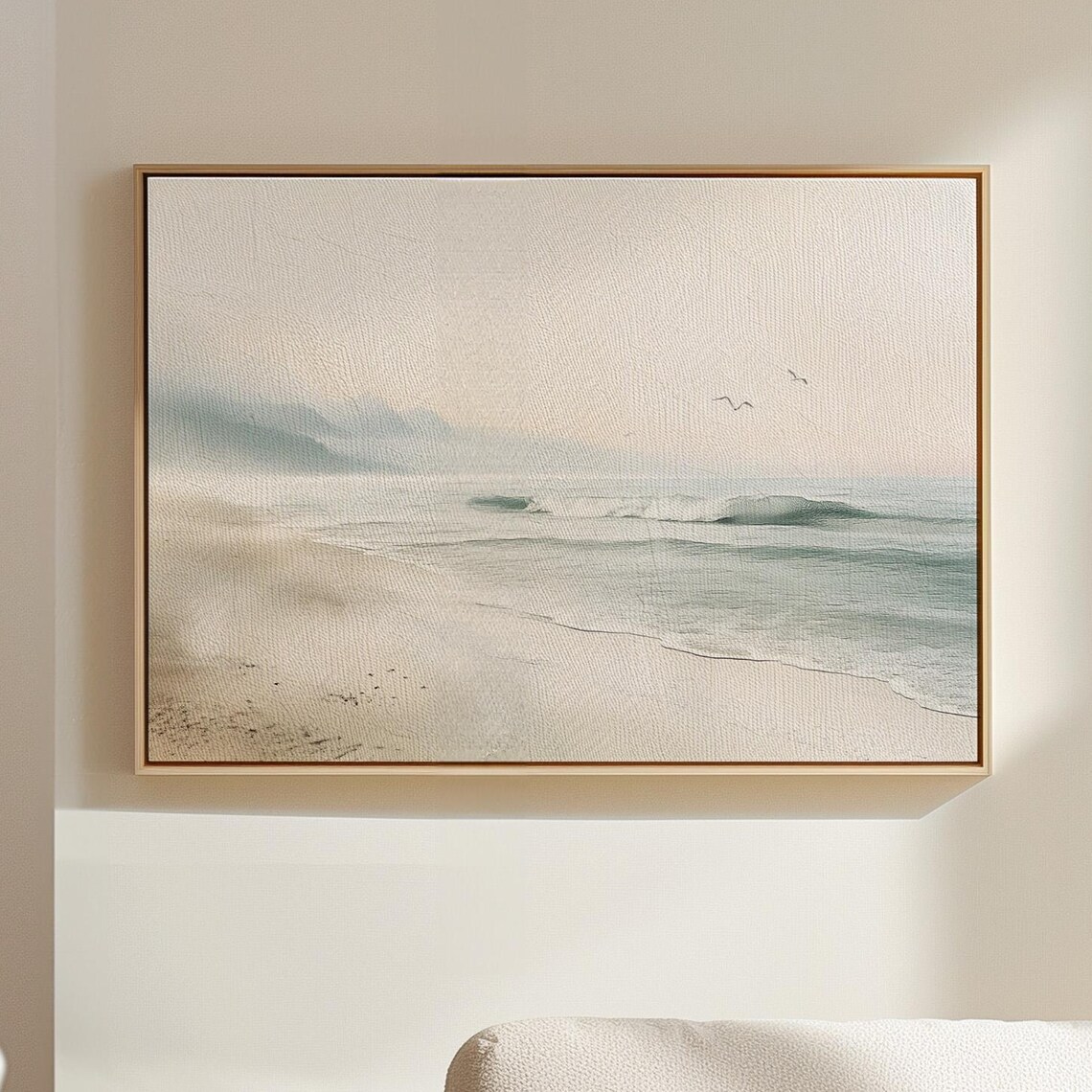 Misty Beach Shore Birds Neutral Beige Ocean Calm Coastal Minimal Poster Art