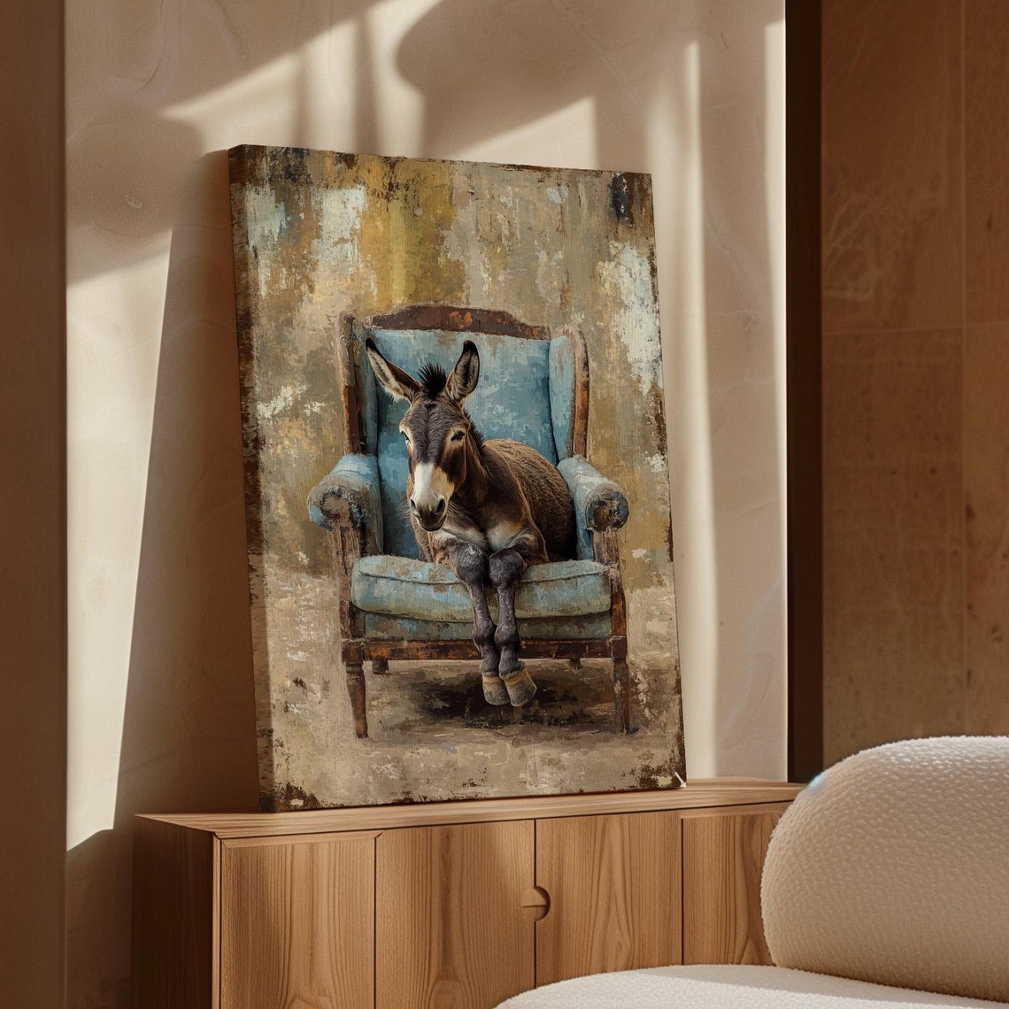 Charming Donkey Sitting in a Rustic Blue Armchair Art Poster