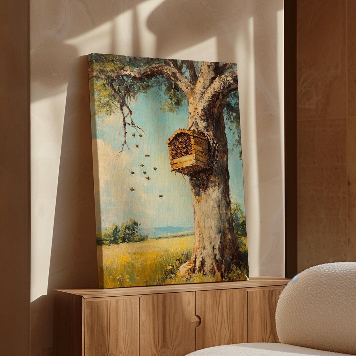 Rustic Bee Hive In Tree Countryside Meadow Vintage Style Poster