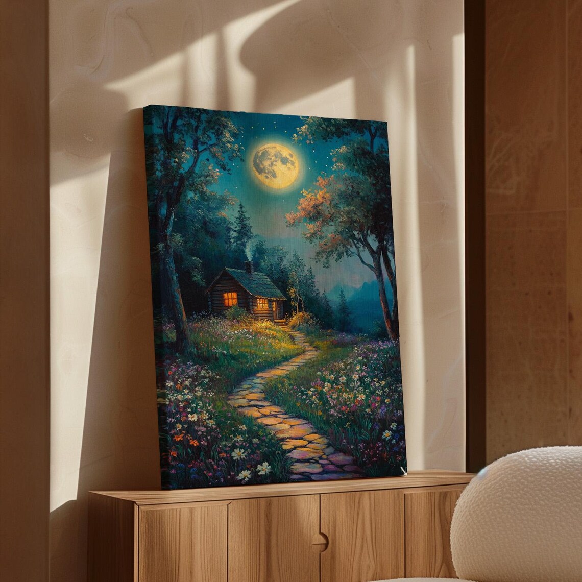 Moonlit Cabin Glowing Windows Stone Path Wildflower Night Poster