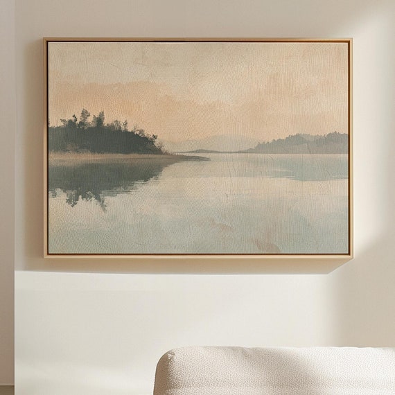 Minimalist Lake Art Foggy Water Reflection Print Serene Landscape Painting Neutral Wall Decor Tranquil Nature Artwork