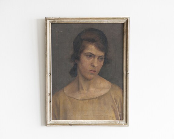 Woman in Mustard Dress Dark Vintage Oil Portrait Painting Poster