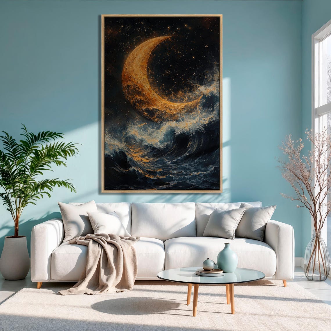 Golden Crescent Moon Over Dark Night Ocean Waves Seascape Poster - Image 3