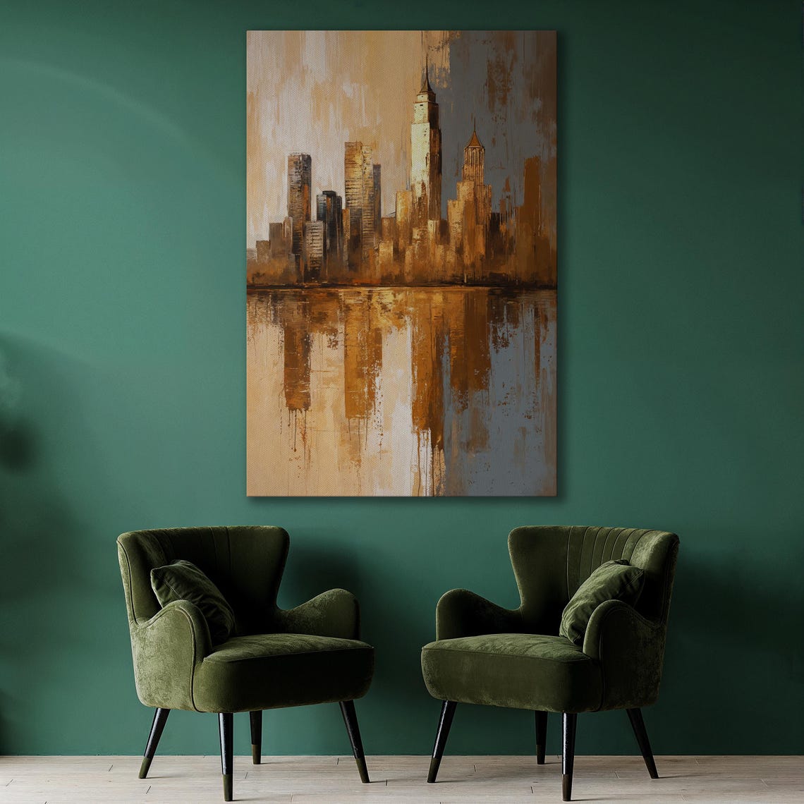 Abstract Golden City Skyline With Water Reflection Luxury Wall Art - Image 2