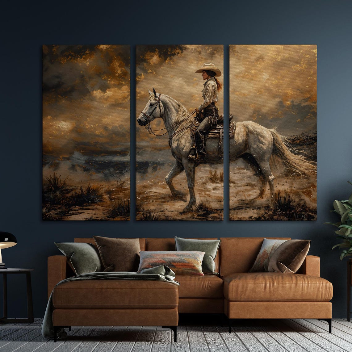 Cowgirl Riding White Horse Through Desert Under Dramatic Sky Poster - Image 5