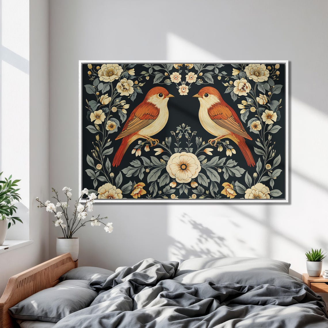 Pair of Red Songbirds in Vintage Botanical Art on Black Poster - Image 2