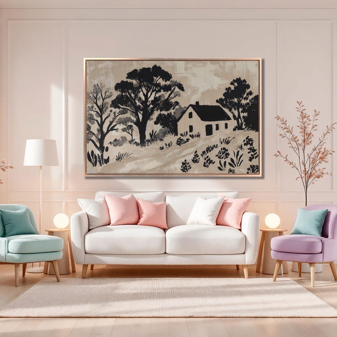 Cozy Cottage Black And Beige Art Framed Print Abstract Rural Landscape Painting Trees Wall Art Farmhouse Decor Ready To Hang - Image 4