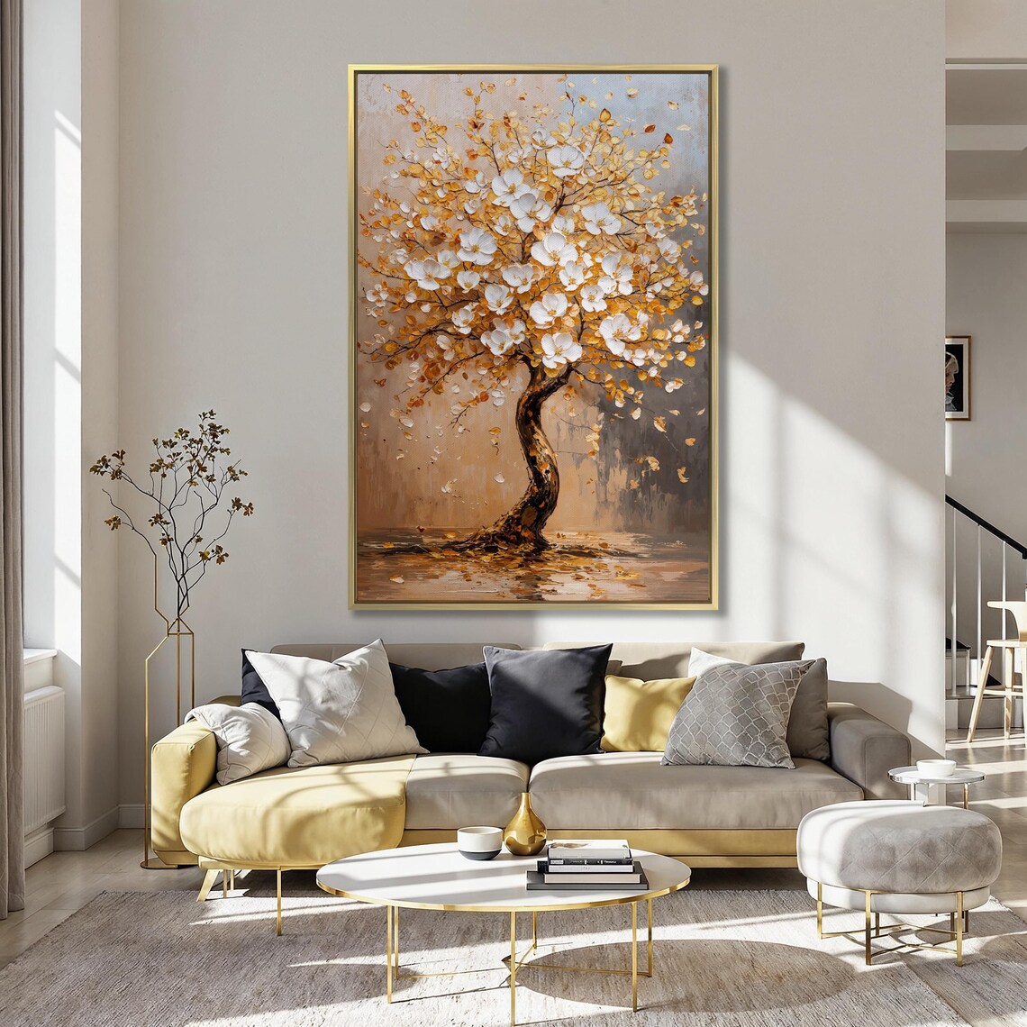 White Blossom Tree With Golden Leaves Nature Painting Wall Art - Image 5
