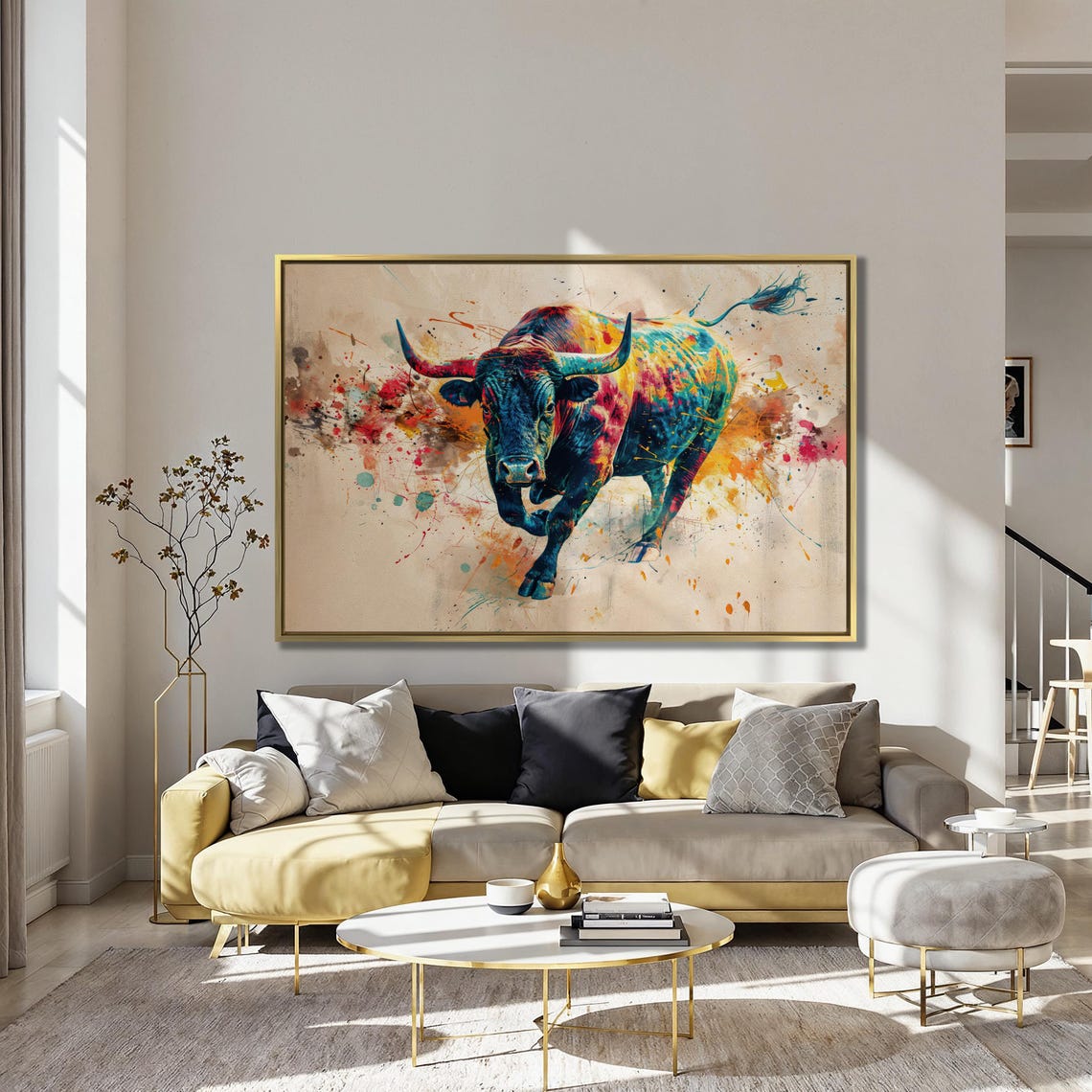 Charging Bull In Vibrant Watercolor Splash Modern Animal Art Poster - Image 2