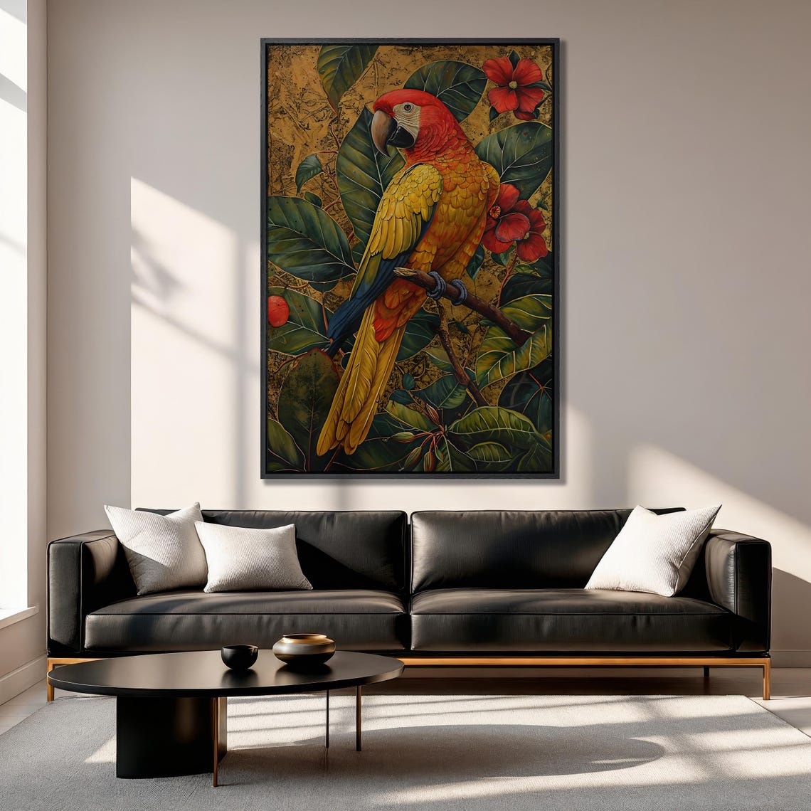 Scarlet Macaw Perched Among Red Flowers Tropical Parrot Art Poster - Image 4