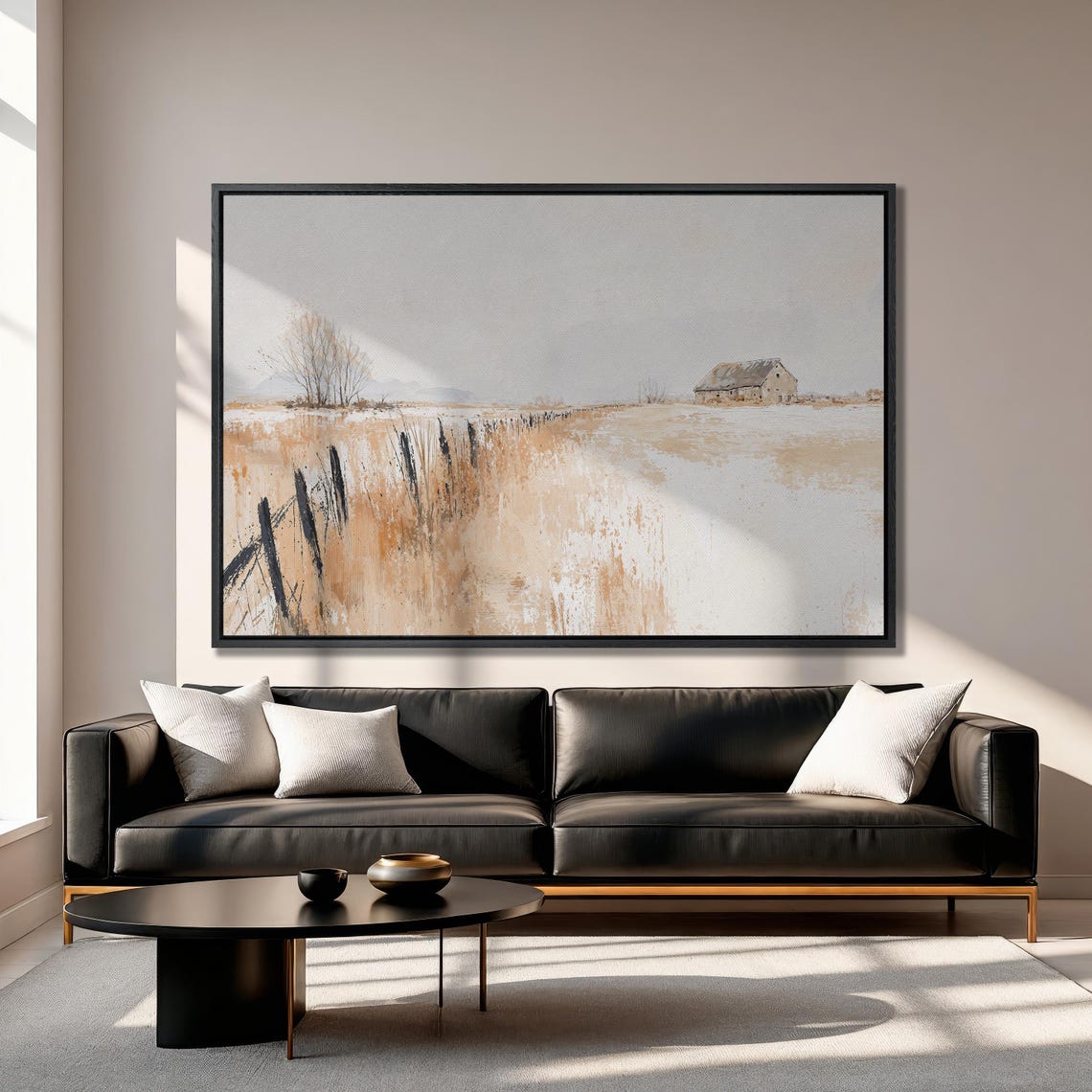 Lone Barn in Abstract Beige Wheat Field Minimalist Art Poster - Image 3