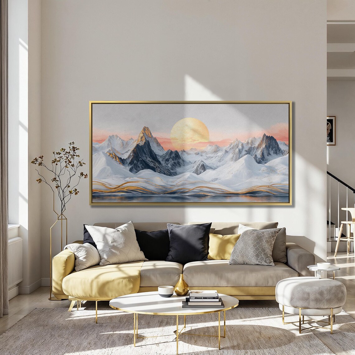 Serene Snowy Mountain Landscape Wall Art Golden Sun Painting Print Luxury Home Decor Abstract Nature Scenery Poster Ready To Hang - Image 3