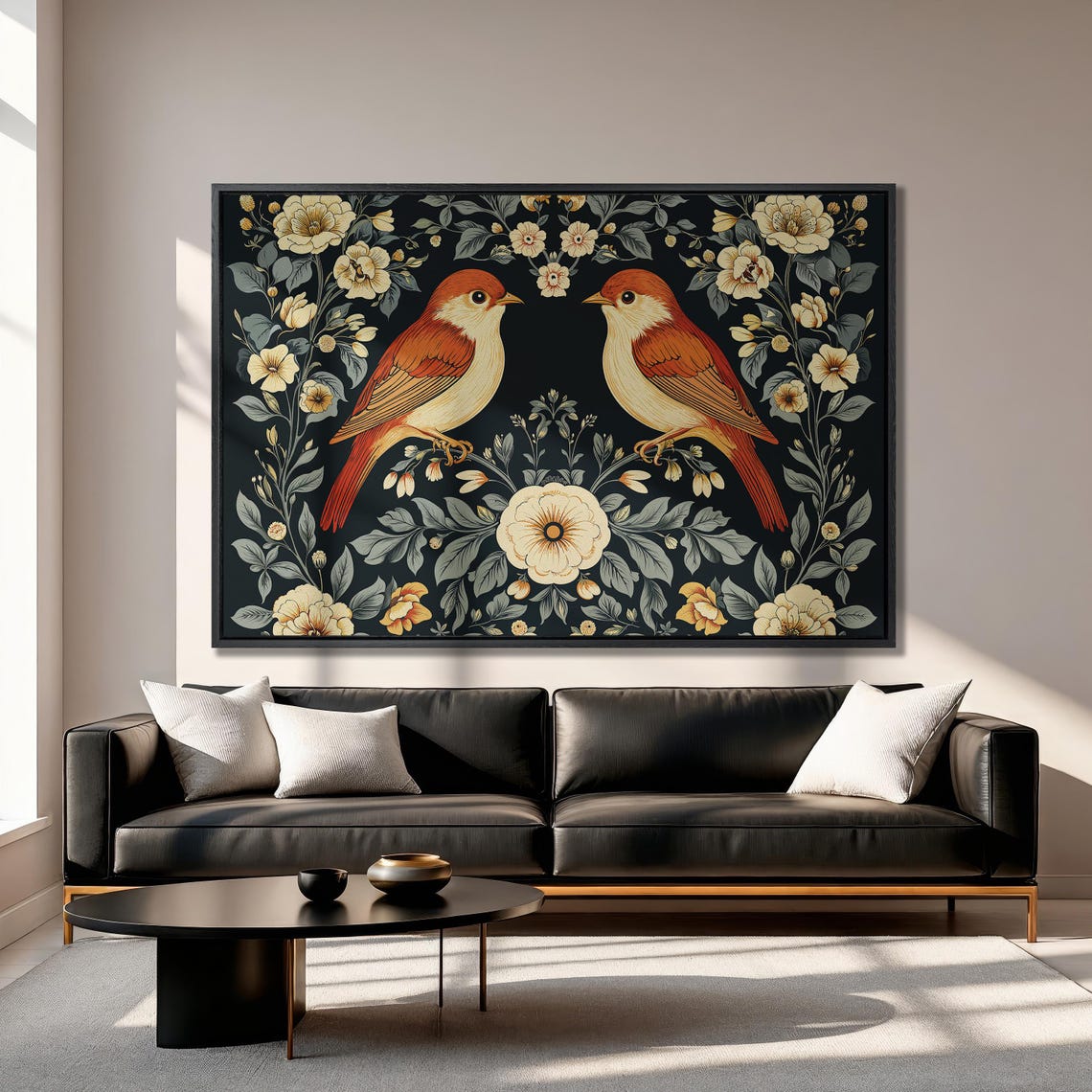 Pair of Red Songbirds in Vintage Botanical Art on Black Poster - Image 3