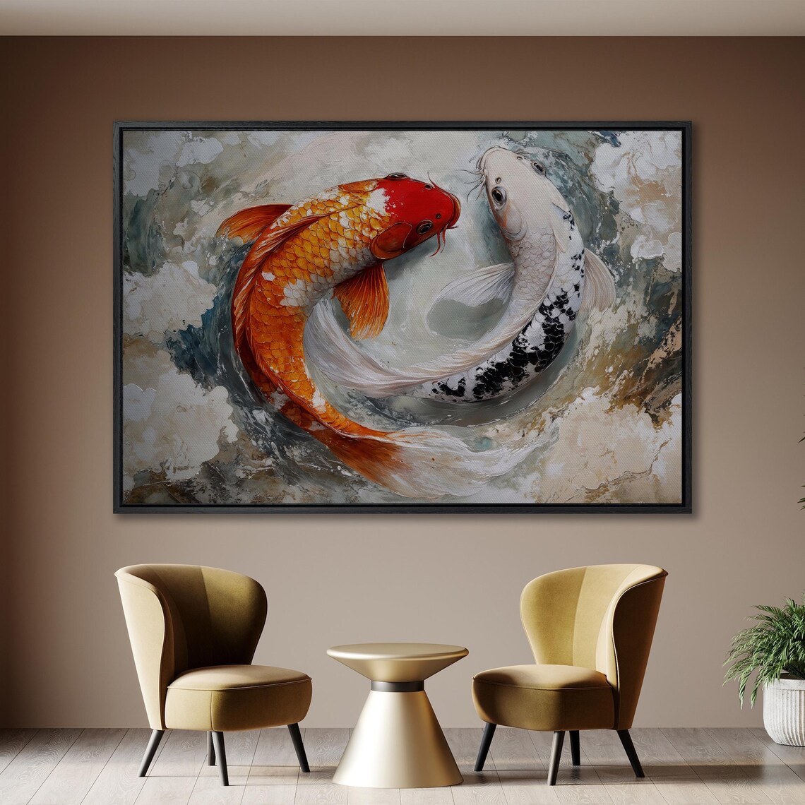 Yin Yang Koi Fish Pair Orange White Asian Inspired Pond Art Poster - Image 2