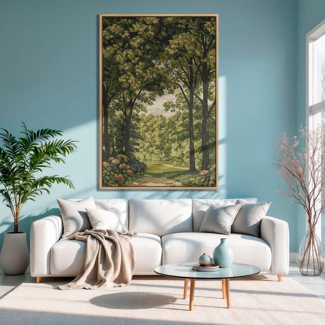 Vintage Green Forest Park with Hydrangea Bushes Path Art Poster - Image 3