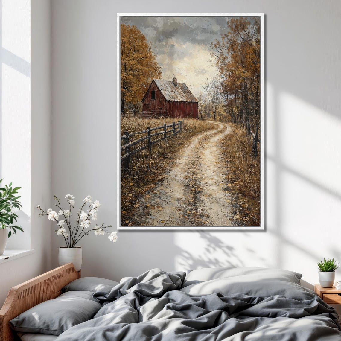 Red Barn at the End of Dirt Road in Golden Autumn Fields Poster - Image 2