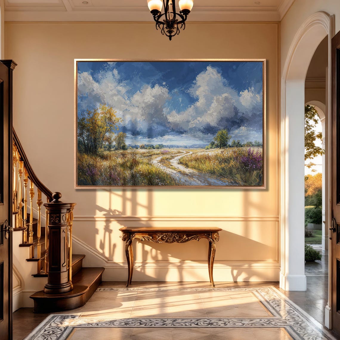 Extra Large Country Landscape Framed Print Cloudy Blue Sky Peaceful Wilderness Painting Wheat Field Art For Nature Lovers - Image 5
