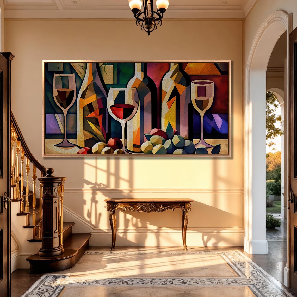 Cubist Wine Bottles and Glasses Geometric Still Life Oil Art Poster - Image 4