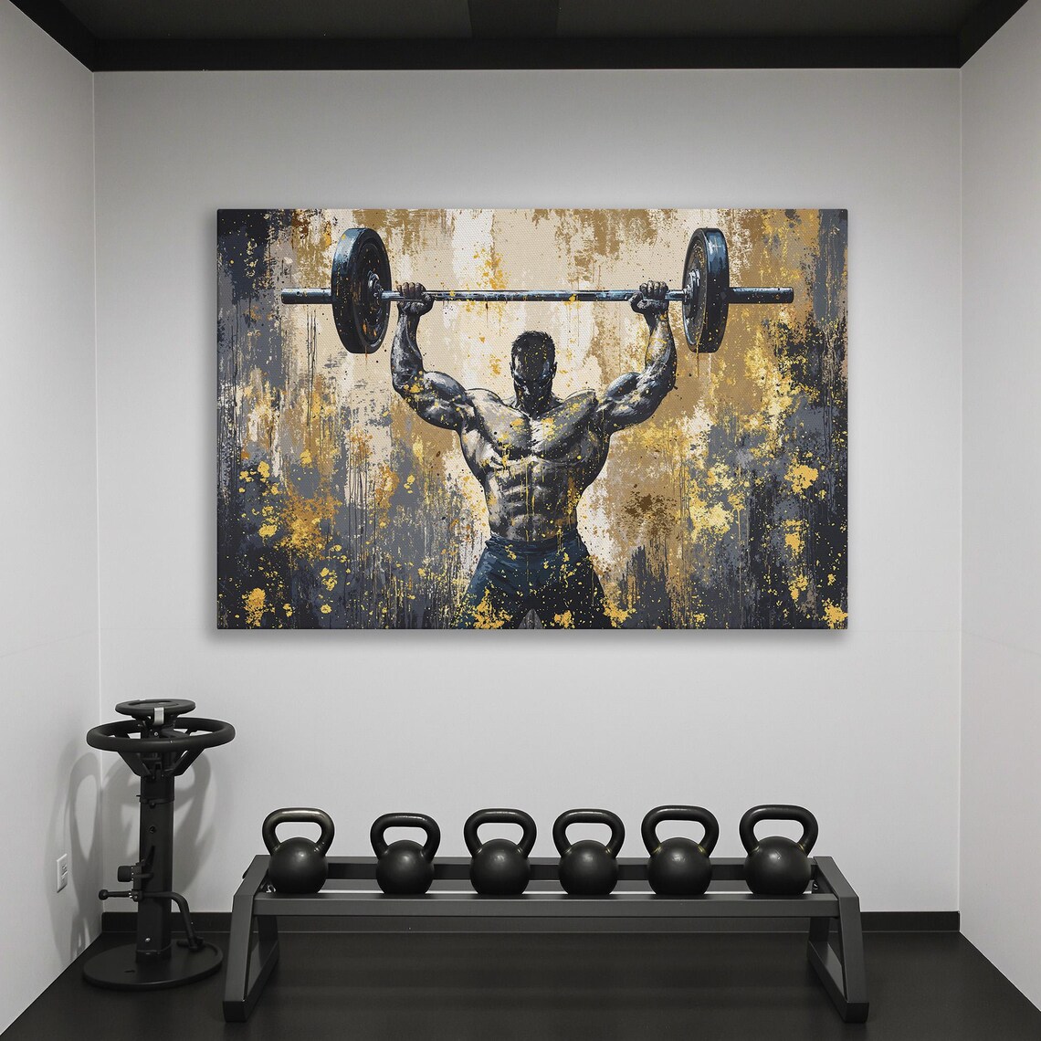 Bodybuilder Overhead Press in Gold and Charcoal Paint Style Poster - Image 2