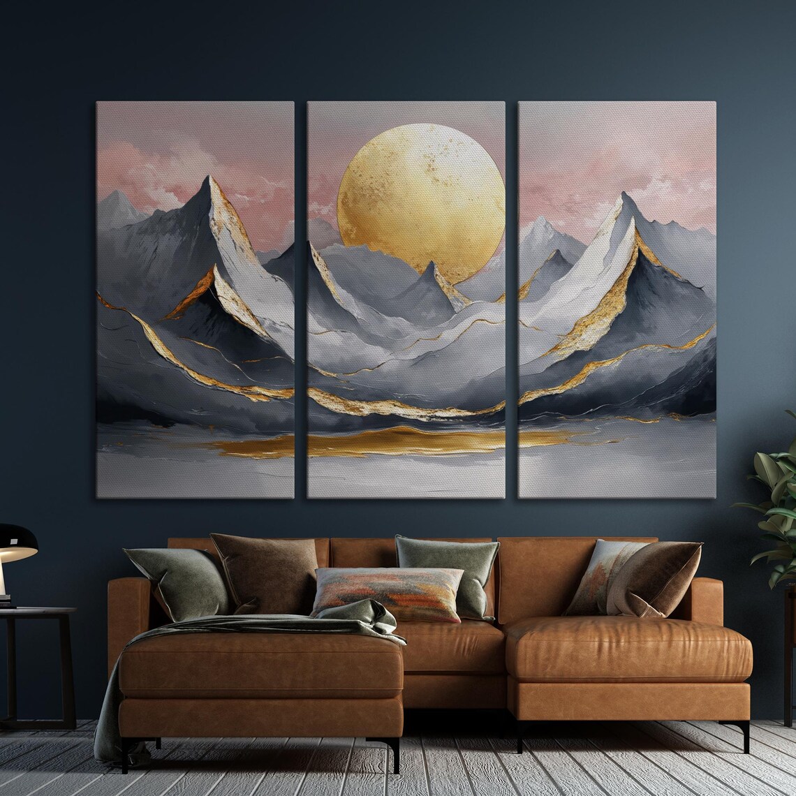 Giant Golden Moon Over Misty Gray Mountain Peaks Abstract Poster - Image 5