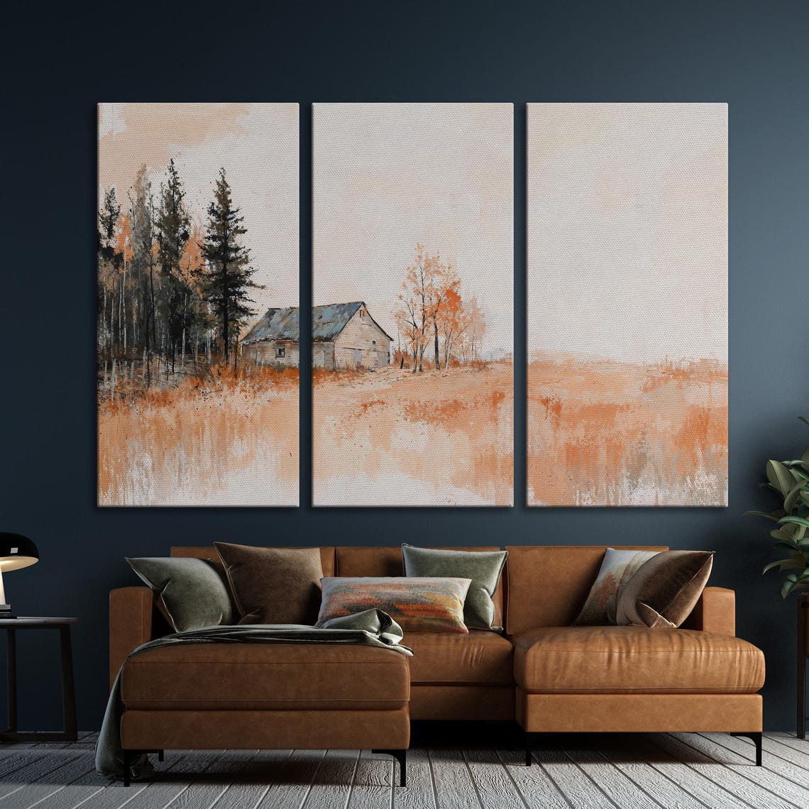 White Barn Beside Tall Pines Minimalist Autumn Field Painting Poster - Image 6