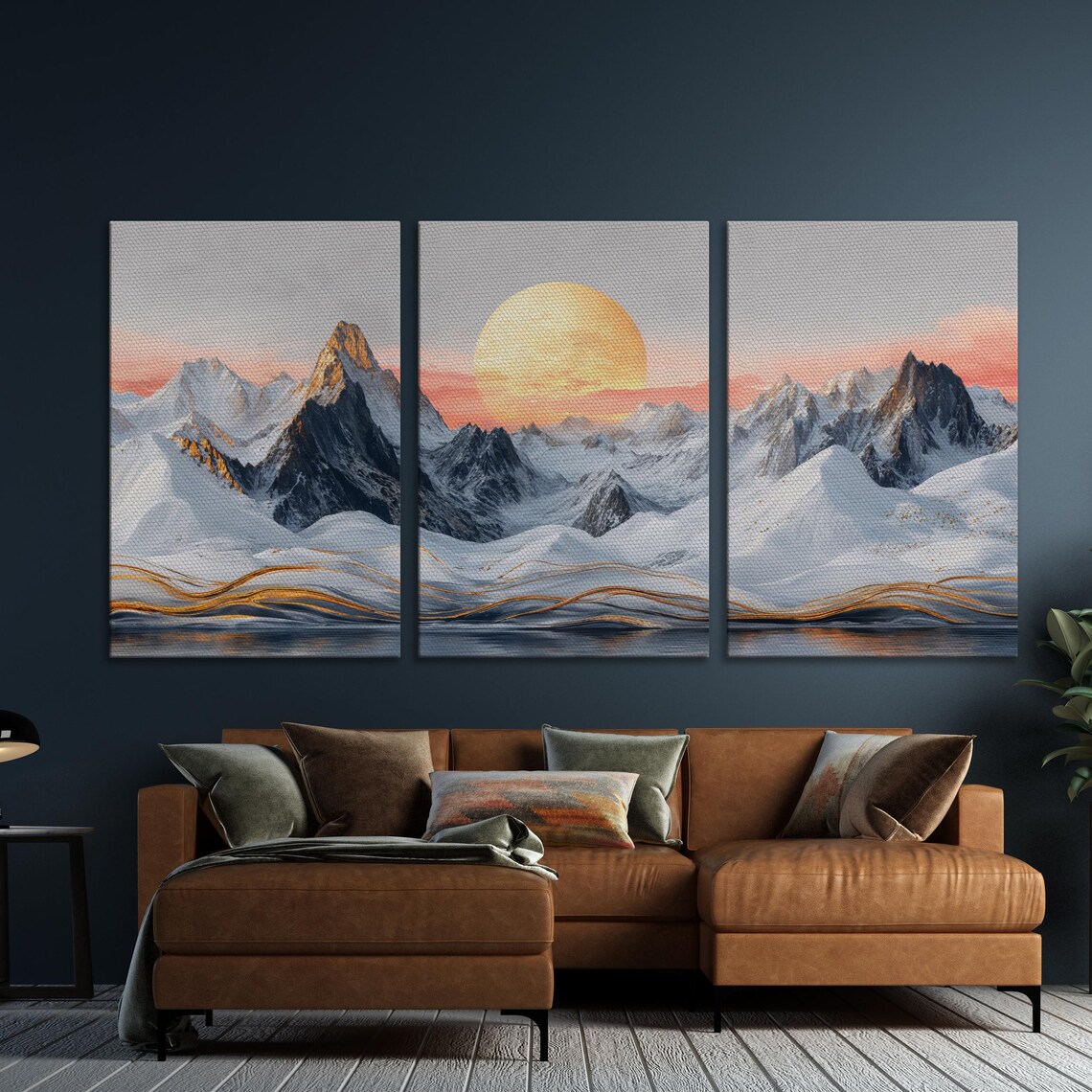 Serene Snowy Mountain Landscape Wall Art Golden Sun Painting Print Luxury Home Decor Abstract Nature Scenery Poster Ready To Hang - Image 5