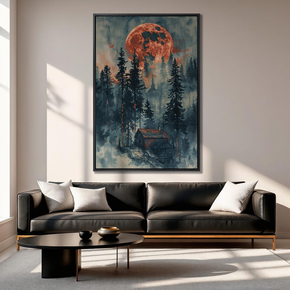Crimson Moon Over Misty Forest And Lonely Cabin Painting Poster - Image 4