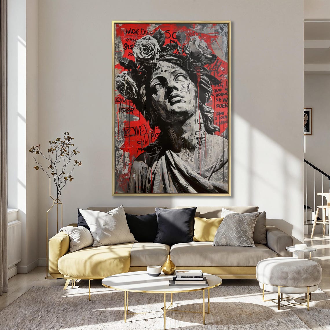 Classical Statue Bust With Roses on a Red Graffiti Art Poster - Image 3