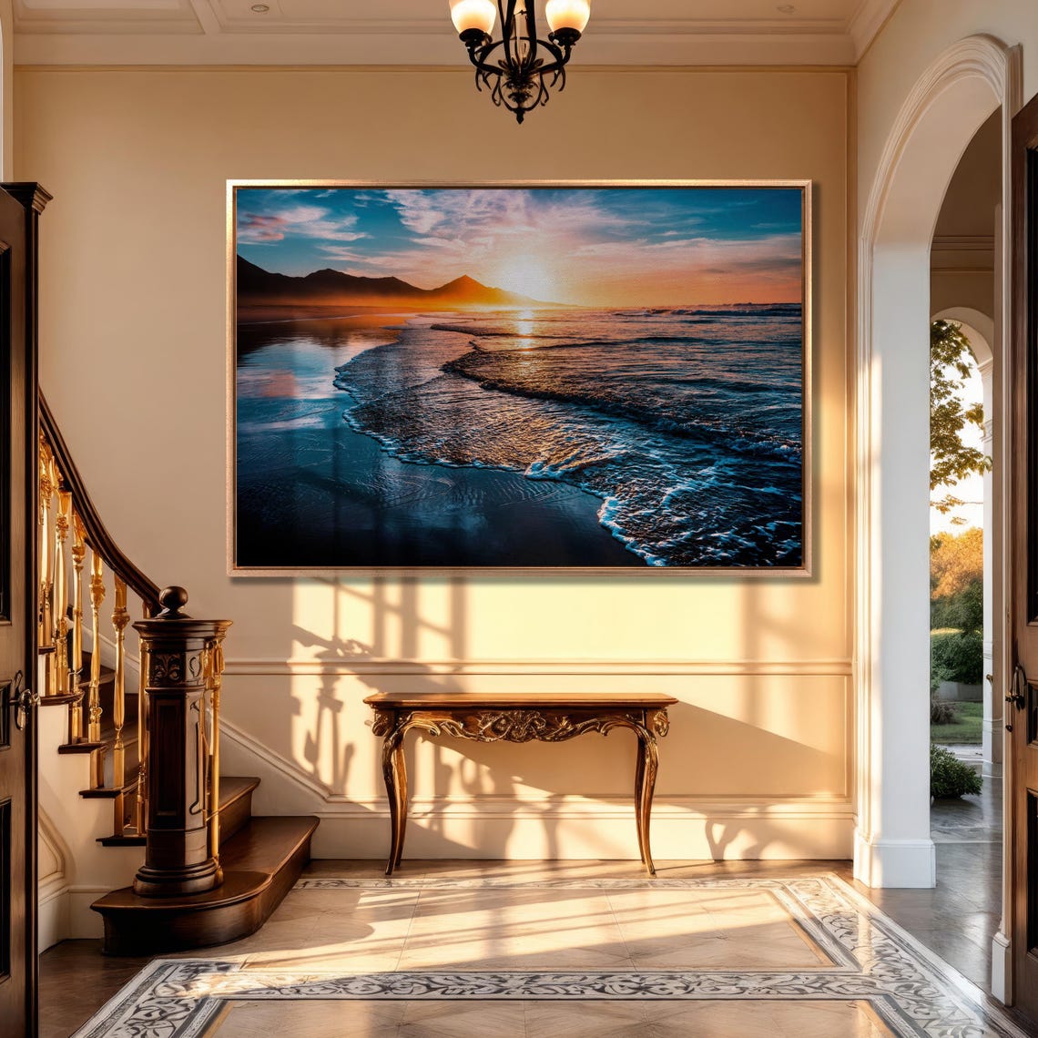 Beach Sunset Over Ocean Waves With Mountain Silhouette Art Poster - Image 3